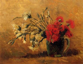 Vincent Van Gogh : Vase with Red and White Carnations on a Yellow Background